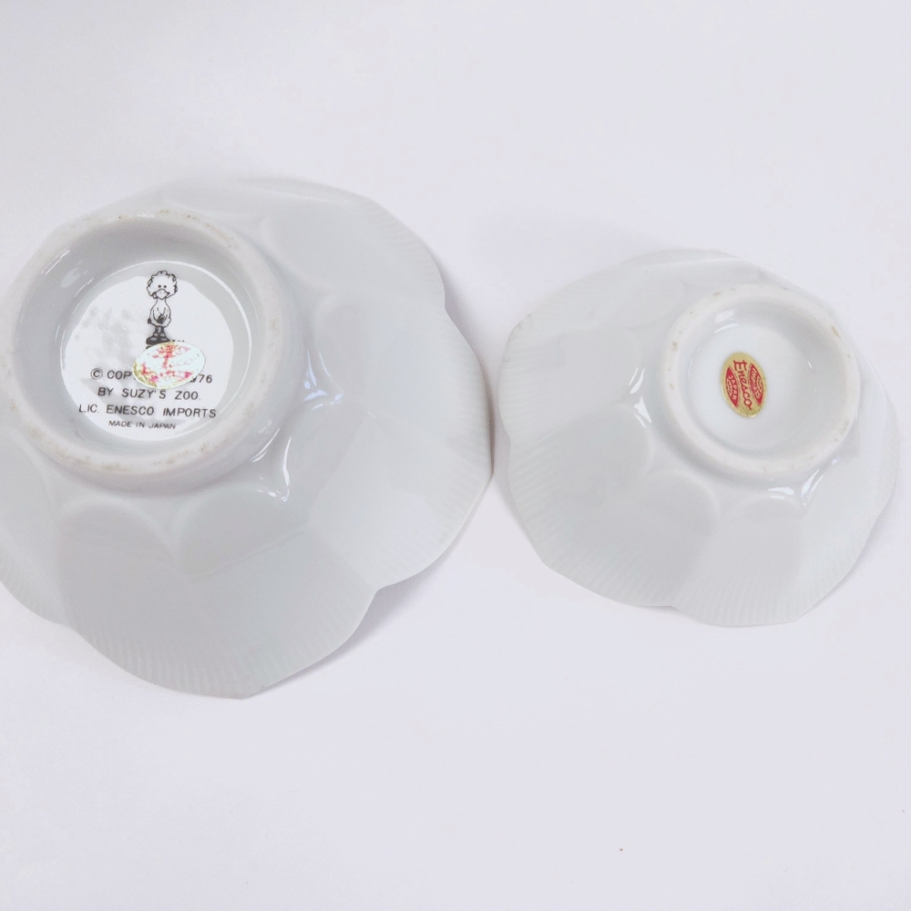 Suzy's Zoo Enesco Set Of 2 Vintage 70s Ceramic White Green Frog Lotus Bowls - Picture 9 of 14